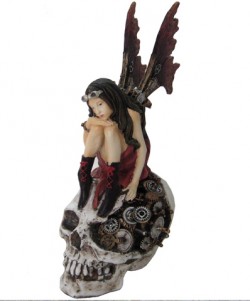 Picture of Cherry Red Steampunk Fairy on Skull Figurine